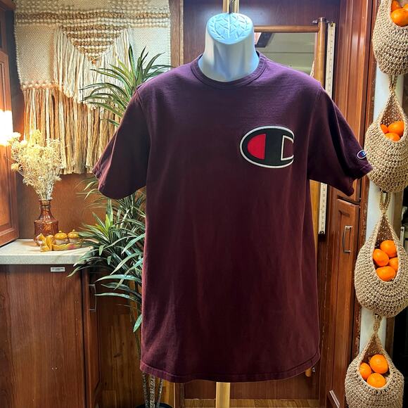 Vintage Champion Big C T-Shirt Maroon L | Y2K Embroidered Logo Streetwear Retro - Picture 1 of 6